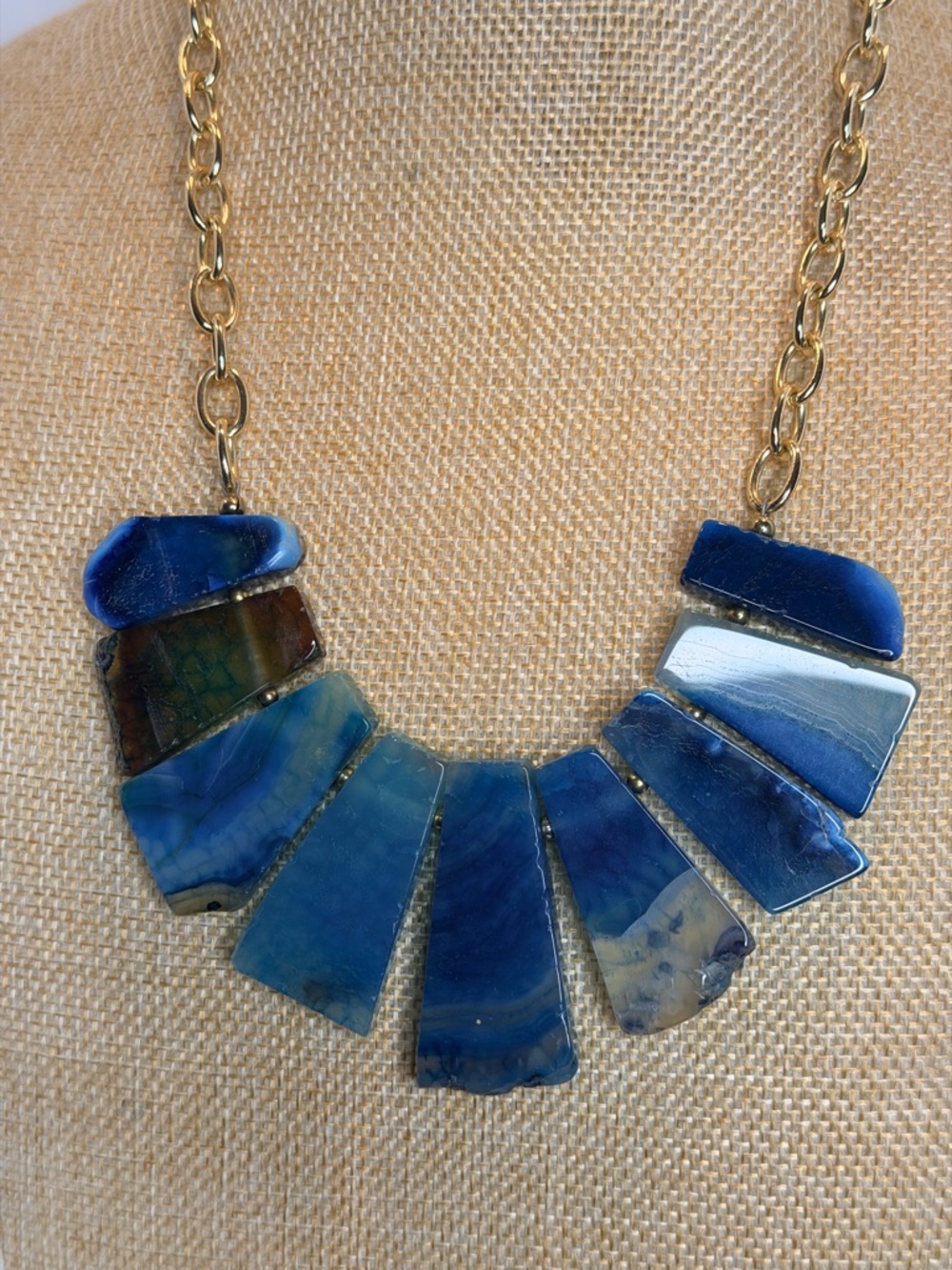 Vintage Barse Blue Agate Fan Bib Necklace with Gold Chain